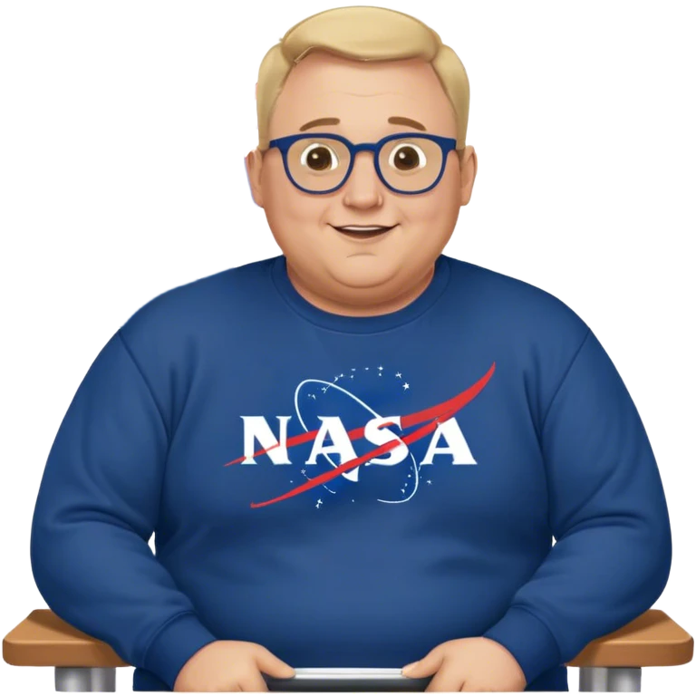 happy chubby man, bench Press,  blond short and hight receding hairline, wearing a dark blue sweatshirt, nasa logo on the sweatshirt, round glasses without frame, 40 years old emoji