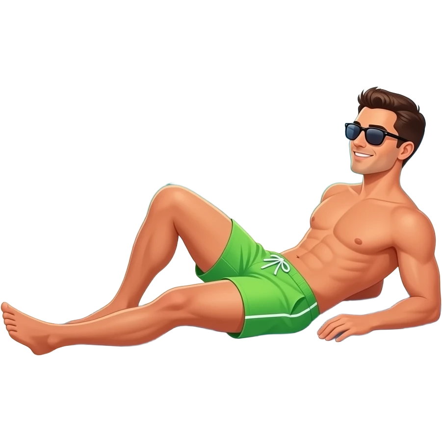 Erstelle ein Bild von einem karibischen Strand wo sich ein Mann in speedo und Sonnenbrille sonnt emoji