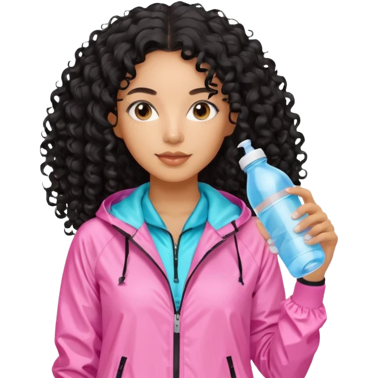 Mixed-race athletic woman with caramel skin, long black curly hair, wearing pastel pink windbreaker, holding a water bottle emoji