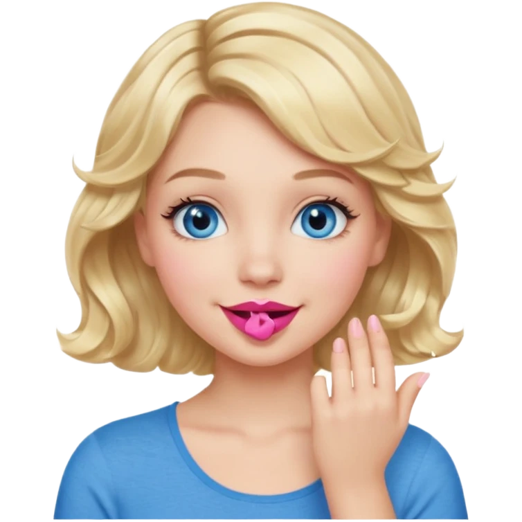 Girl Blonde short wavy hair,  blue eyes, cute blue top, long lashes, pink lips, smiling, hand over the mouth emoji