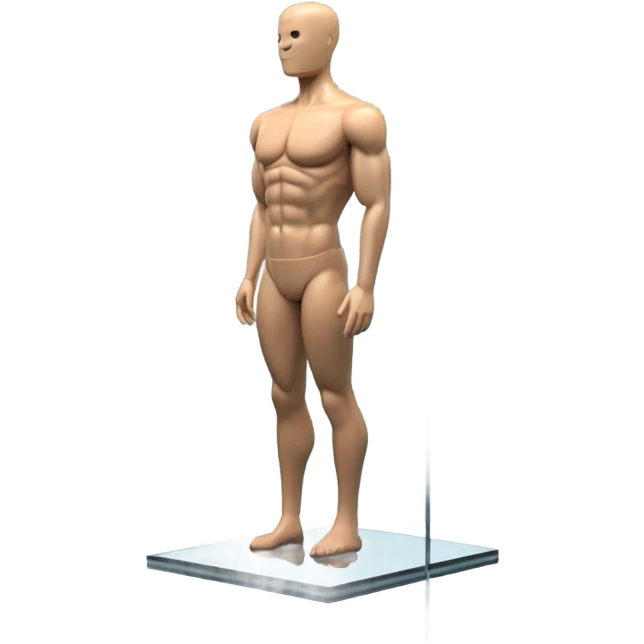 male mannequin abs cubes inside a glass cube on a stand isometric view emoji