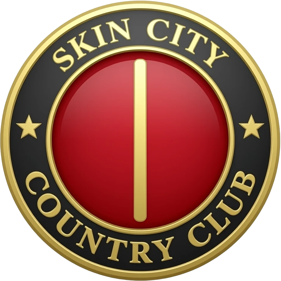 skin city country club with a line in the middle red black gold crest emoji