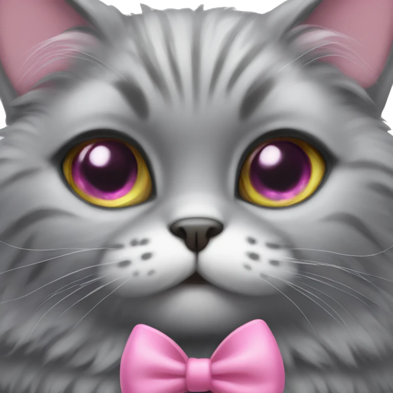 fluffy gray little cat with big eyes and a pink bow emoji