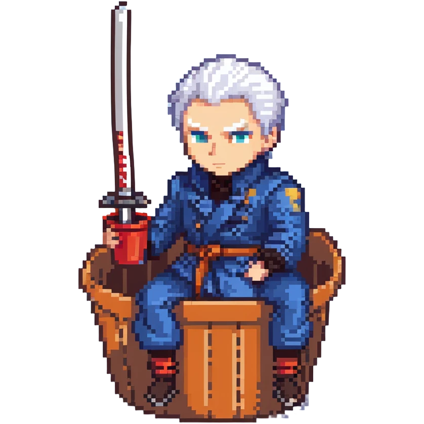Vergil from Devil May Cry sitting in a KFC bucket, blue coat, white hair, katana emoji