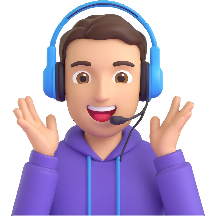 excited streamer with headset, purple theme, streamer emoji for Twitch emoji