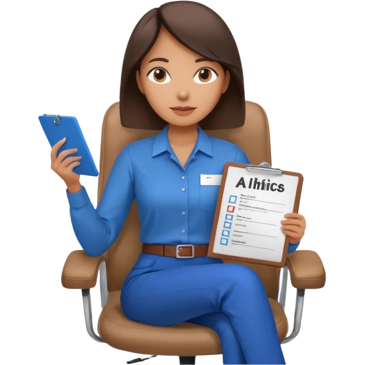 Generate an emoji of a female AI ethicist in blue shirt brown pant sitting in a chair and has a checklist stating AI ethics elements like stop bias, fairness score emoji