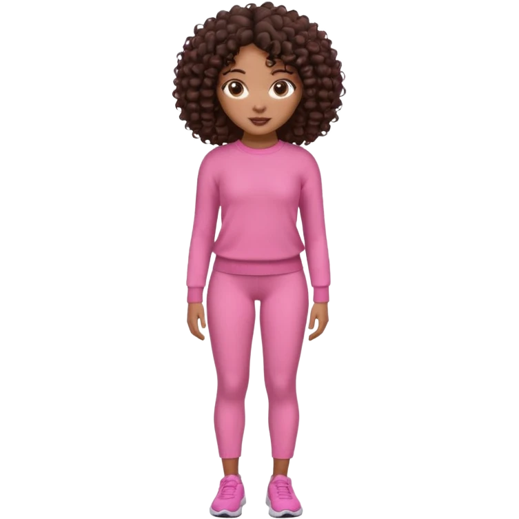 Uma menina negra da pele clara magra definida com roupa de malha rosa com cabelo cacheados  castanho escuro grandão até a bunda sem muito volume no cabelo emoji
