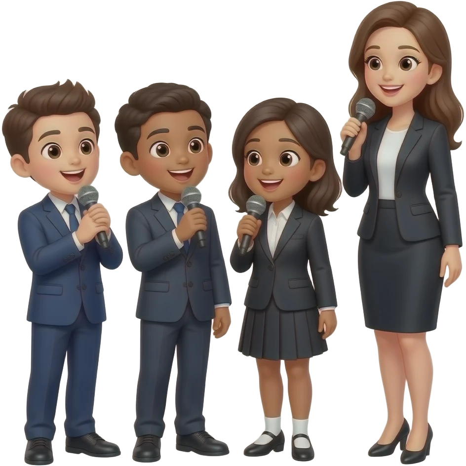 Tinbiriche  3. niños.   Y 2. Niñas   porles.   Los. Trajes   porles. Sus. Intrunmetos. Y los. Microfonos. Y. Cantan. Mentira. Haora. Esta. Kapi. Una.     Mujer. Animados emoji