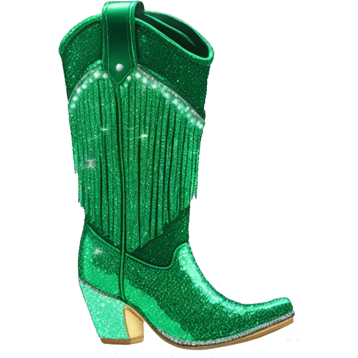 Realistic emerald green fashion cowgirl boots with sparkly shiny glitter fringe on them. emoji
