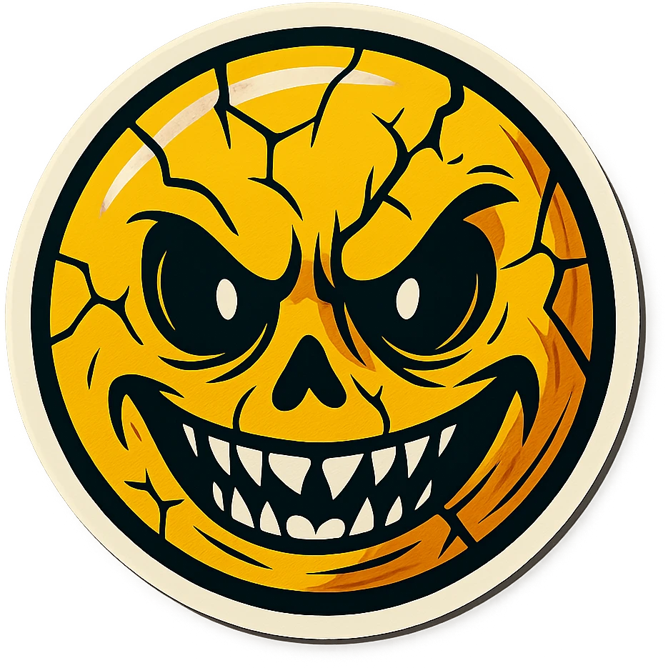 creepy scary emoji with cracks, retro stickers style, sharp black outlines, expressive shadows and highlights, no gradients, only sharp color transitions emoji