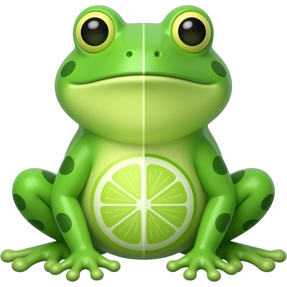 A 3D render iPhone emoji icon of a dissected lime green frog detailed emoji