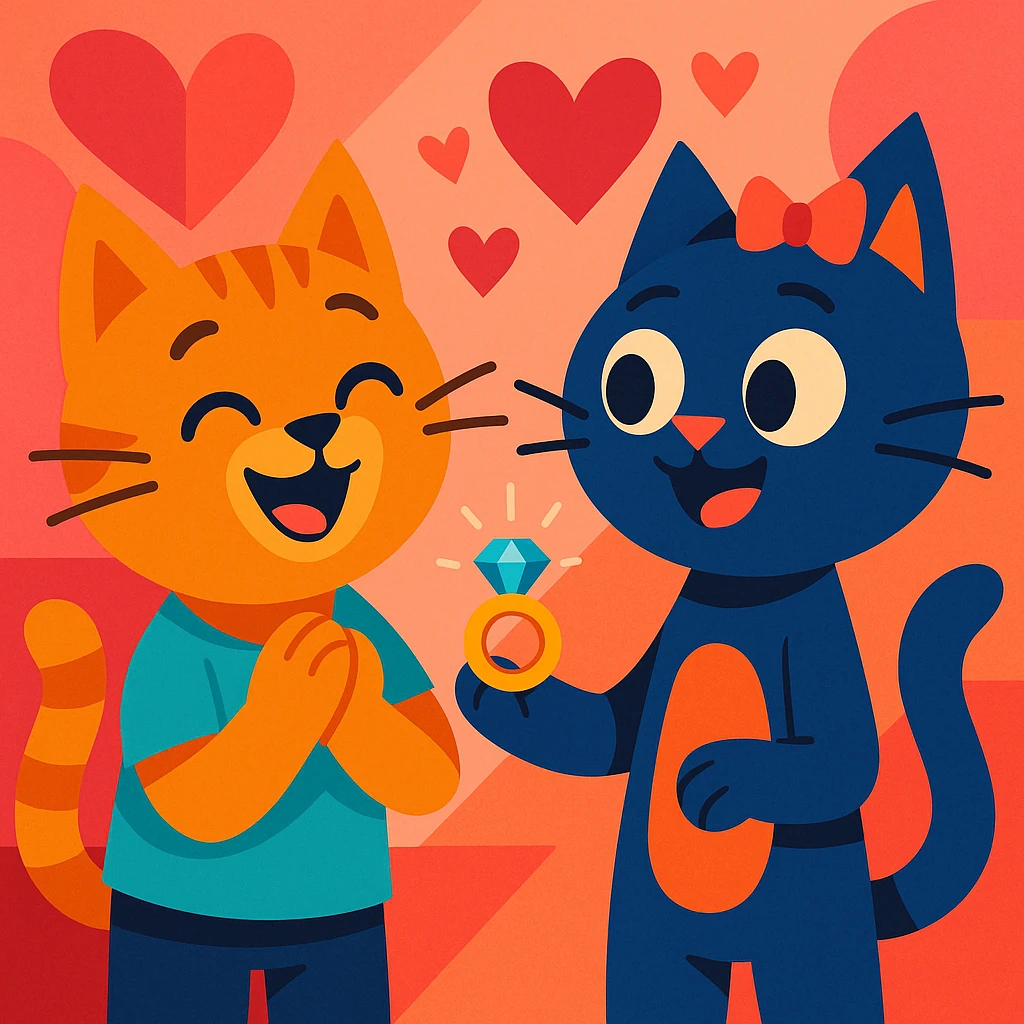 happy cat couple, one cat holding a ring, the other surprised and happy, romantic atmosphere emoji