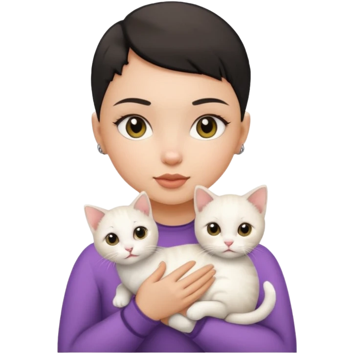 One white Kitten hold by HAZEL EYES , BLACK BLACK BUZZ CUT LIGHT SKIN ROUND FACE GIRL emoji