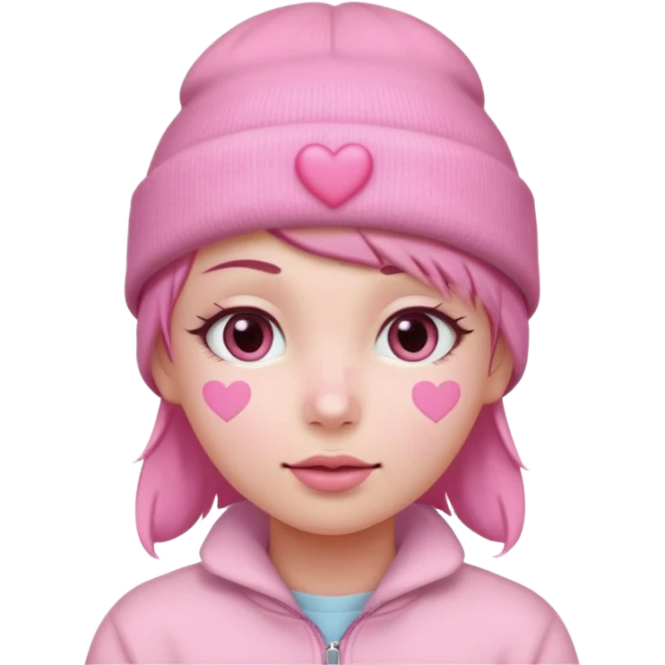 a pastel pink love face emoji with pink hearts in the eyes, pink beanie hat on  emoji