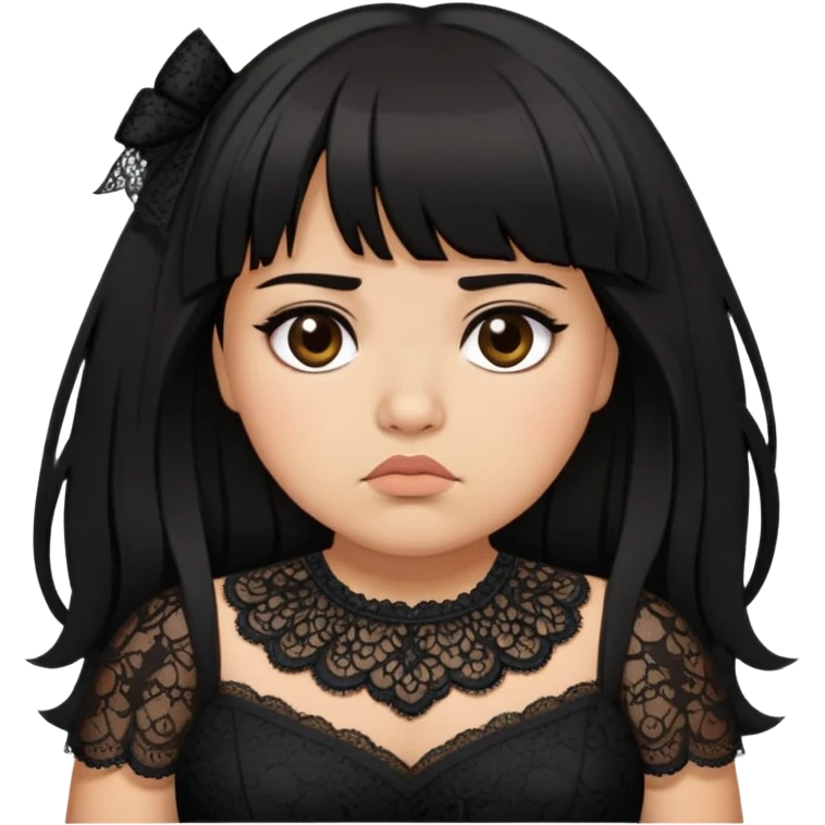 Latina girl with bangs black long layered hair plus size black lace dress disappointed  emoji