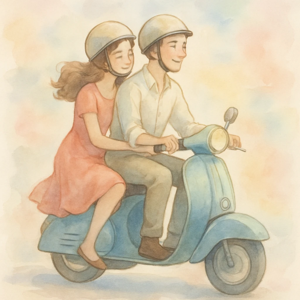 watercolour style, couple on a vintage scooter, pastel background, gentle brushstrokes emoji