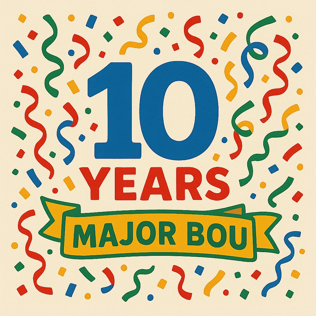 Celebratory 10th anniversary logo for Major Bou with confetti and a festive color palette emoji