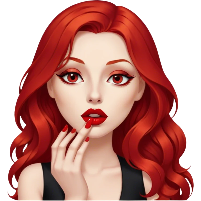 a pretty woman with long red hair and red eyes. The woman wear a black little cutted dress. She have red lipstick and she have a seductive look. She do a kiss emoji