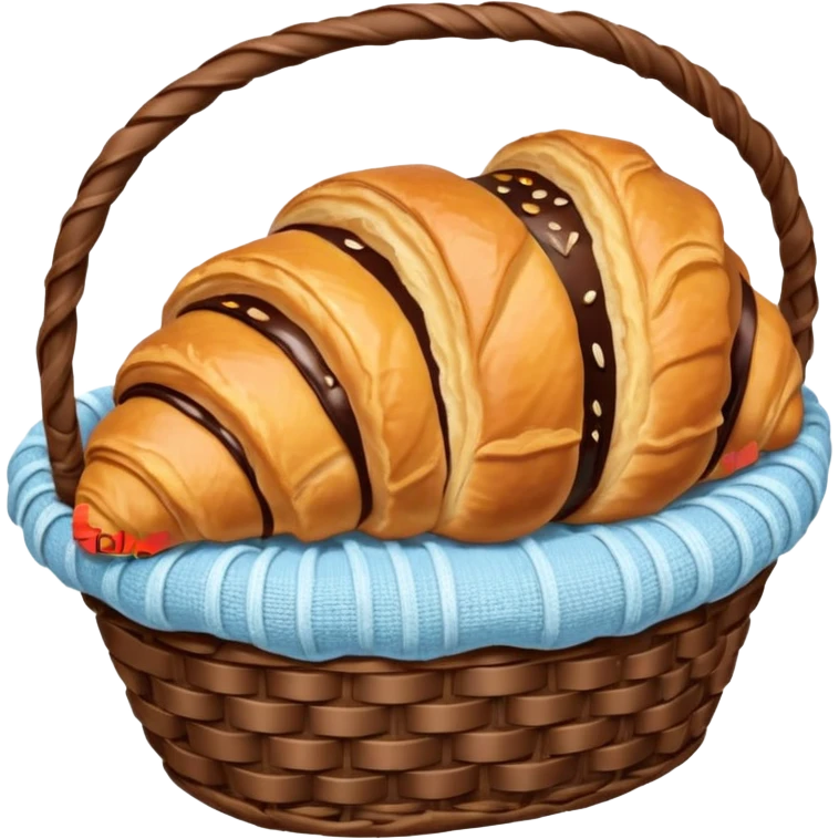 Croissant with poured chocolate in a pale blue wicker basket emoji