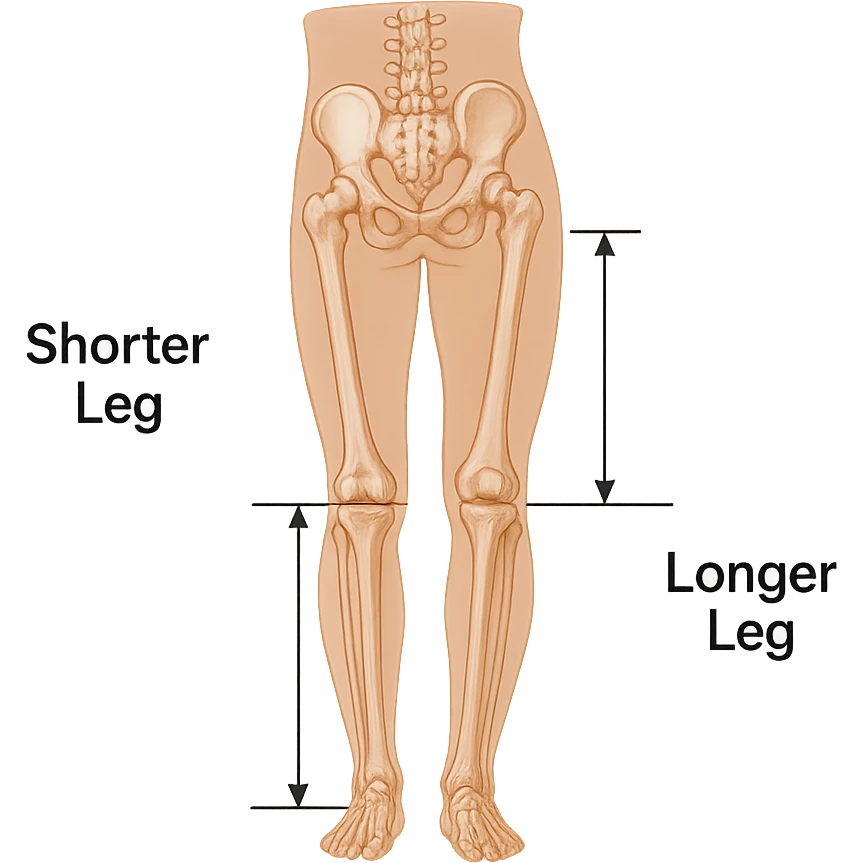Medical style hyperrealistic posterior view highlighting very clearly the difference in leg length: one leg visibly shorter than the other. Add arrows, reference lines, and an anatomical caption to make the concept immediately understandable. No background. Variation 4. emoji