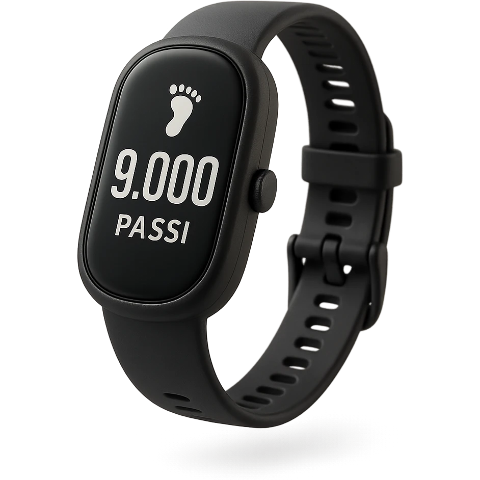 orologio contapassi che segna 9.000 passi sul display in italiano, fluttua in aria, iperrealistica 4k, isolato su sfondo bianco emoji