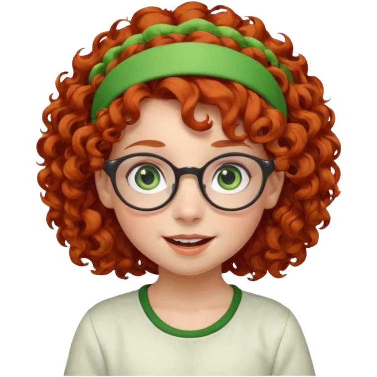 redhead kid with unique face features and very curly hair kid girl happy and big glassess and big nose and very green eyes and headband emoji