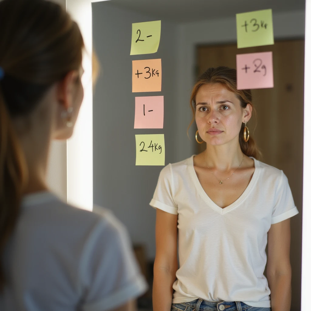 adult woman, photorealistic, in front of mirror with post-it notes showing weight variations ('-2kg', '+3kg', '-1kg', '+2kg'), puzzled expression, natural light, bathroom background emoji