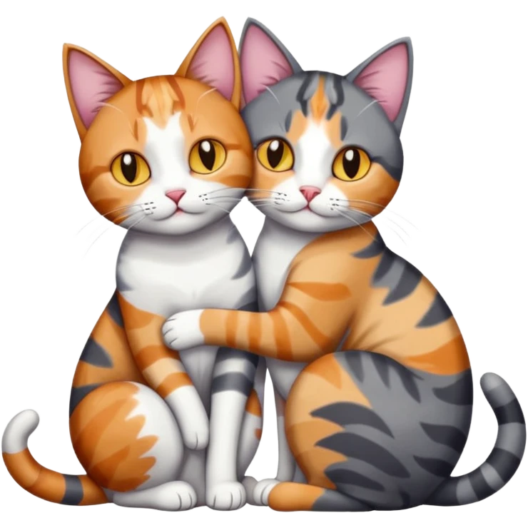full body colourful light patched calico + white tabby cat cuddling a bigger cat that is dark grey and white tabby cat  and they are in love emoji