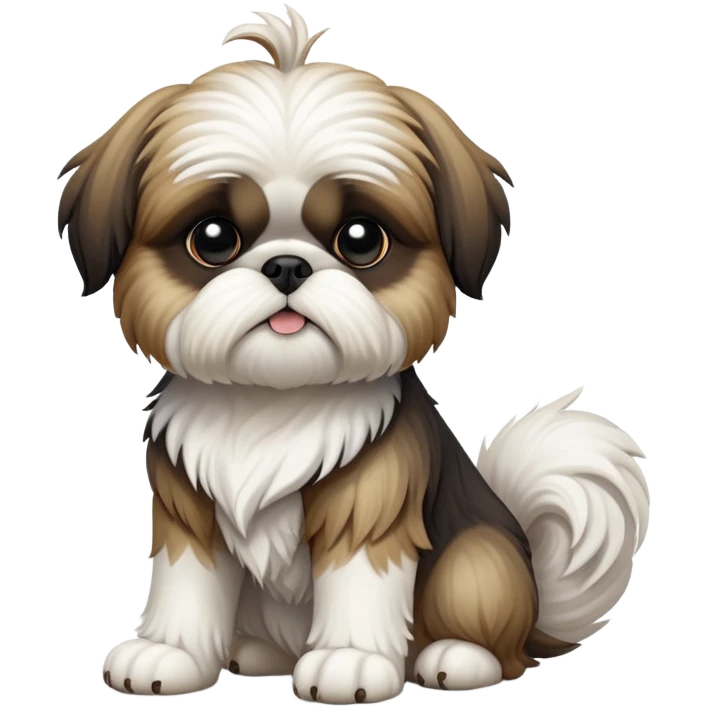 cinematic-[Shish tzu]-realistic-full-body-sitting-emoji,-tail-resting-loosely-beside-its-paws,-head-tilted-dramatically, -scruffy-[white]-fur,-simplified-yet-realistic-focused-features,-highly-detailed,-glowing-with-an-almost-sarcastic-glow emoji