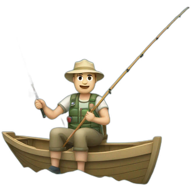 white fisherman fishing with a fishing rod in a small boat emoji