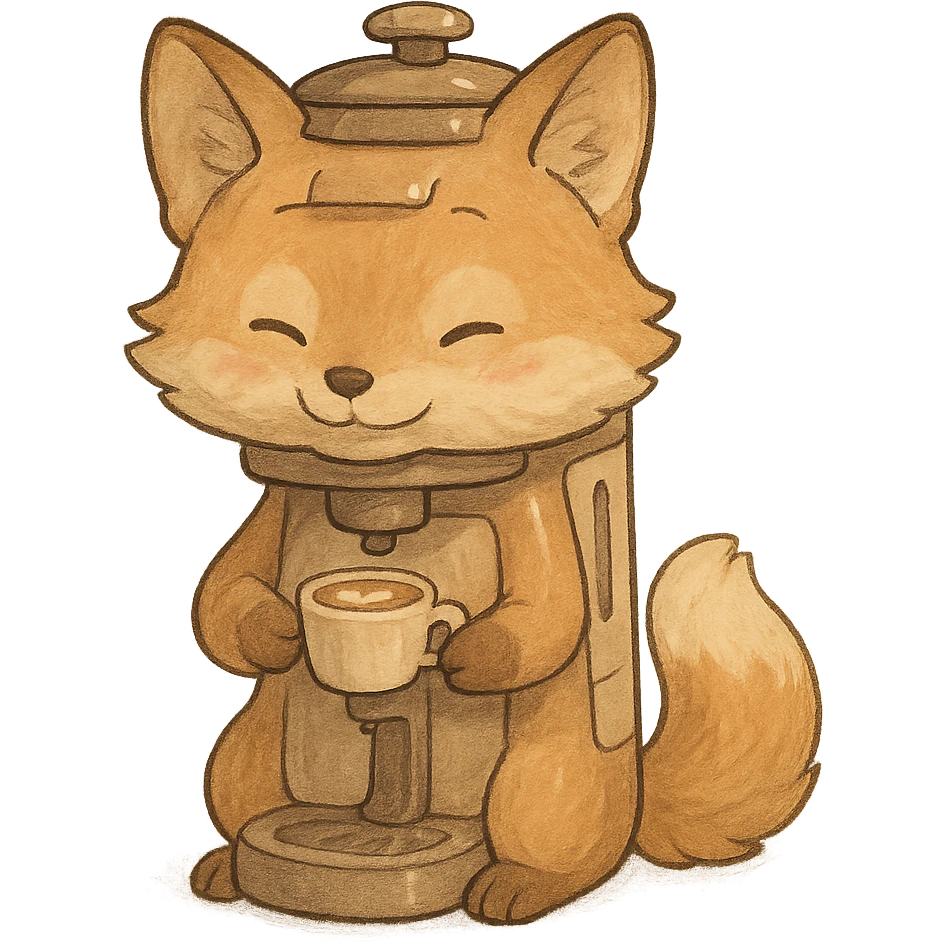 high-quality, visually appealing, normal-looking soft pastel fluffy fox designed as a coffee maker animal, holding a tiny latte cup, brown and beige tones, full-body, 电器拟动物风格 emoji