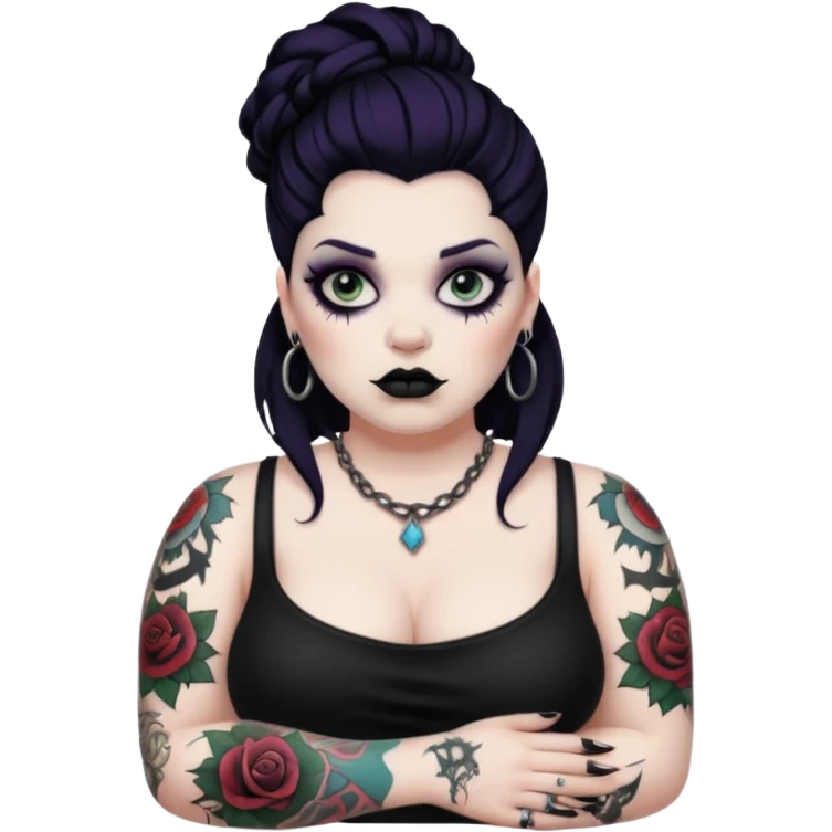 Heavyset goth woman with tattoos and makeup emoji