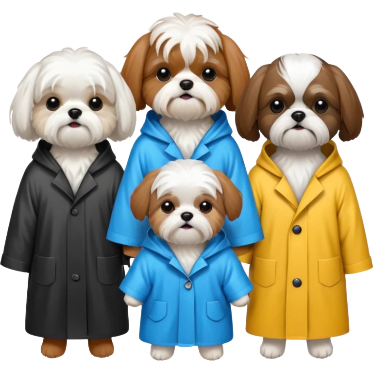 3 dogs wearing rain coats, one white maltese, 1 brown tri colour shihtzu and 1 black and white shitzu emoji