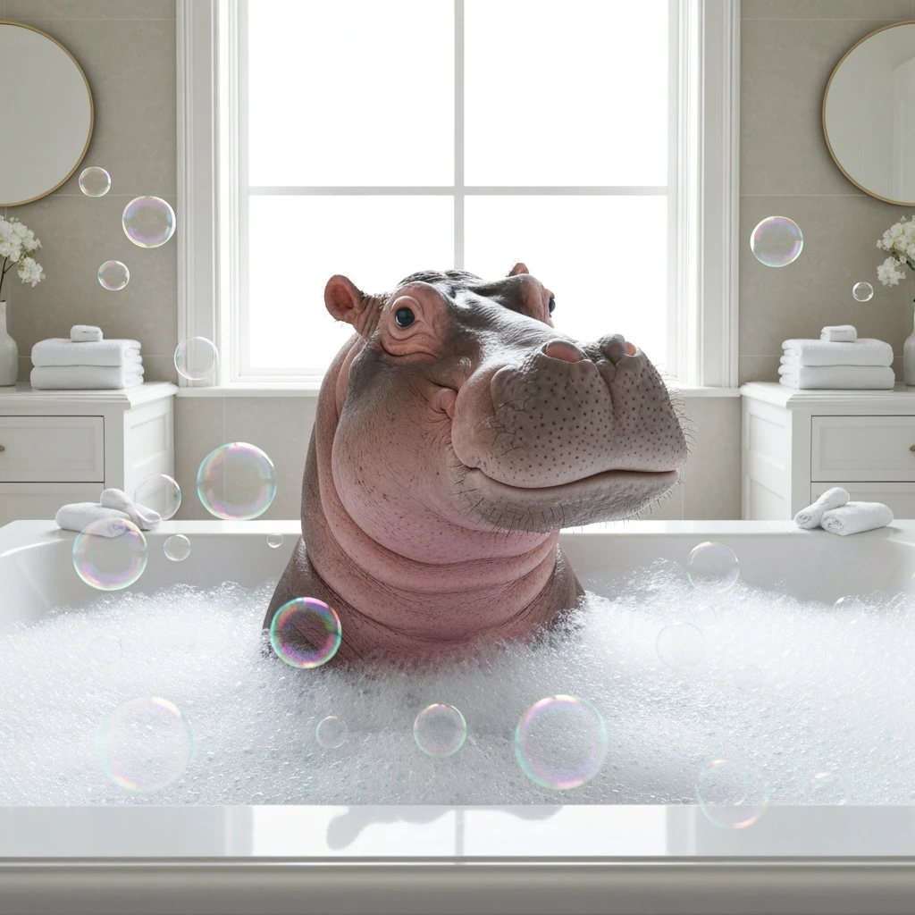happy hippo with bubbles in bathtub emoji