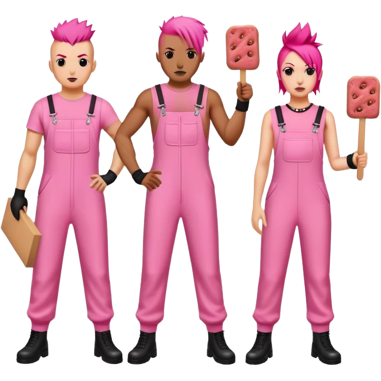 punk artists in pink jumpsuits picketing for spam meat is art emoji