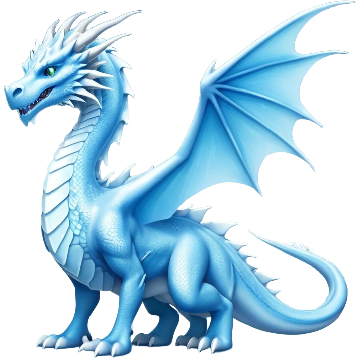 Cinematic Noble wise elegant Ice Dragon full body  Emoji, Poised and imposing, distinct long elegant snout, with a slender, scaled body shimmering in glacial hues of icy blue, frostbitten silver, and crystalline white, breathing out frost, with piercing, glowing ice blue white eyes that radiate the chilling depths of an arctic storm; rendered in detail. excuding wisdom emoji