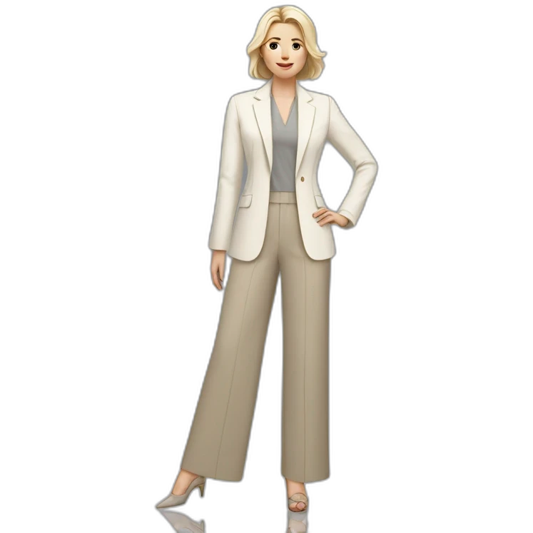 Full height Actively gesturing with hands pale skin woman with ash blonde Straightened bob Hair, White Spacious classical jacket, beige palazzo Arrow pants and gray blouse emoji