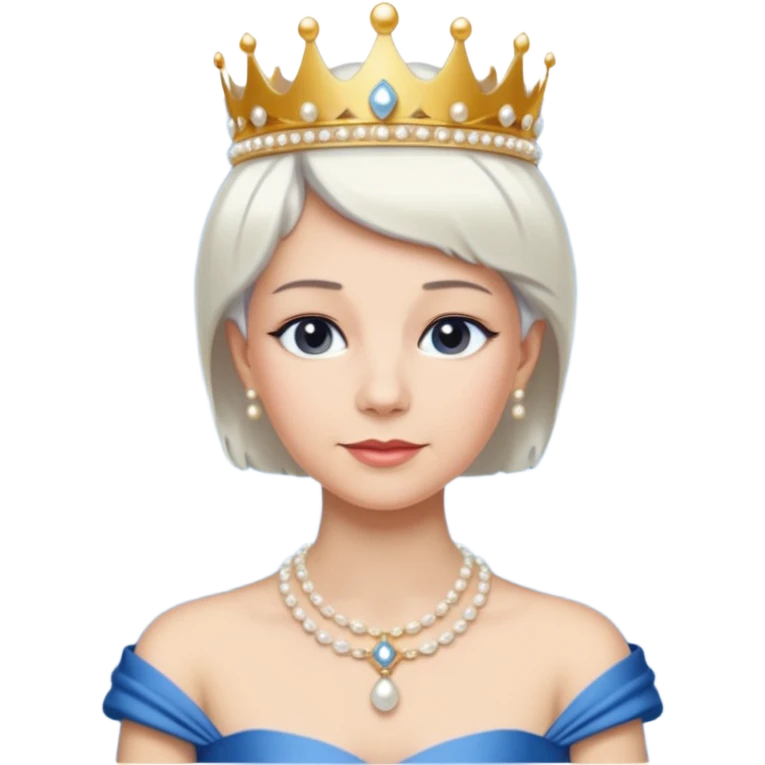 Queen with white short hair – gold tiara, pearl necklace, elegant gown, blue dress emoji