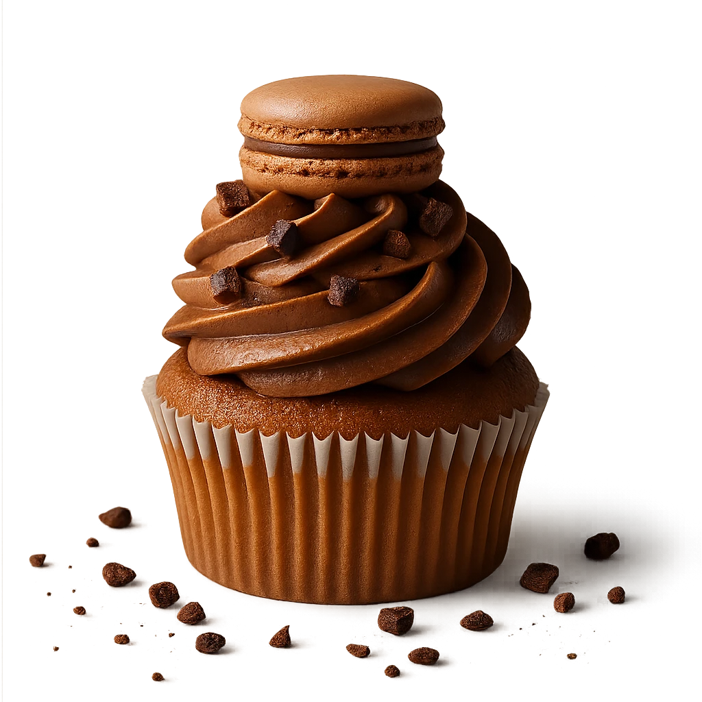 Change the icing to mocha with a medium brown, slightly glossy, coffee-chocolate look. Keep the realistic cupcake and accessories in a photorealistic style with transparent background. emoji
