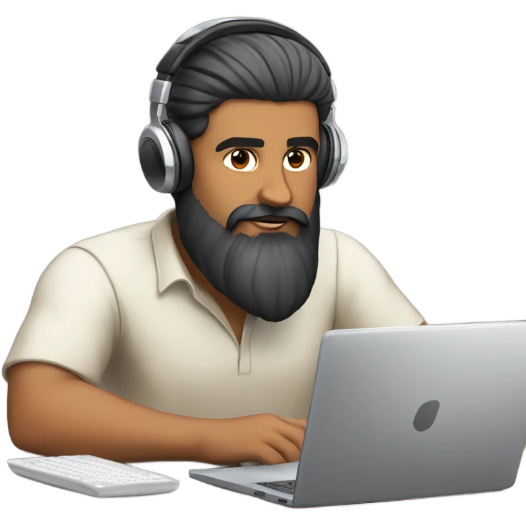 "Light-skinned Indian man with a beard, wearing headphones, focused on working on a laptop. Hair styled with a side part." emoji