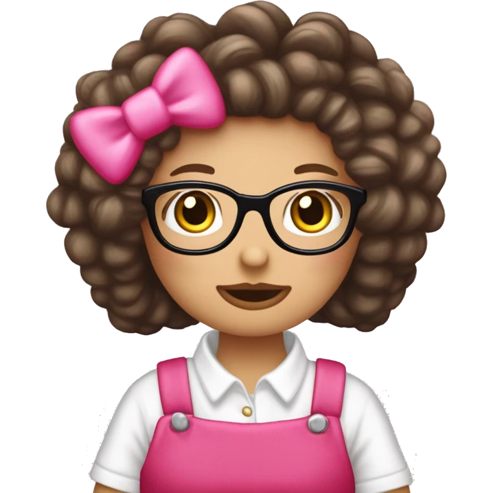 Pelo largo y ondulado cafe obscuro ,con fleco que tapa mas o menos la cara,con lentes rosas y blusa de hello kitty o emoji