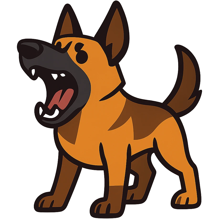 vibrant toon style Belgian Malinois barking, teeth showing emoji