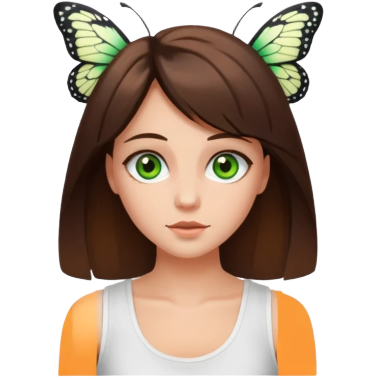 girls with long brown hair, green eyes, a white tank top, and a butterfly haircutbrunette girl with green eyes emoji
