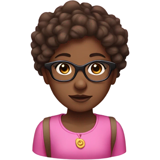 Dark skin girl, with short brown curly hair, pink headband and glasses emoji