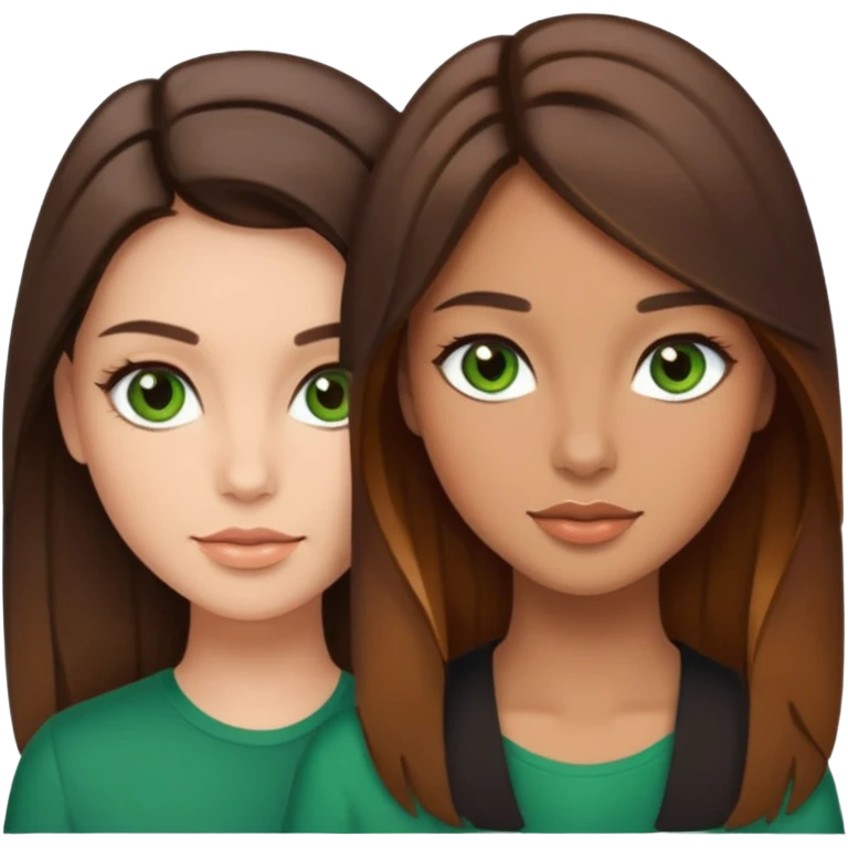 Two brunettes ,caramel balayage, lighter tan ,& fair skin, brown & green eyes  emoji