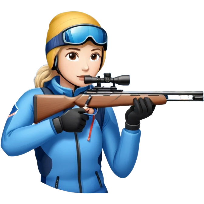 An icon showing a snowy landscape with pine trees, mountains, and a clear sky with a biathlete aiming a rifle in the foreground, wearing winter gear and skis. Transparent background emphasizes the precision, endurance, and beauty of this winter sport. emoji