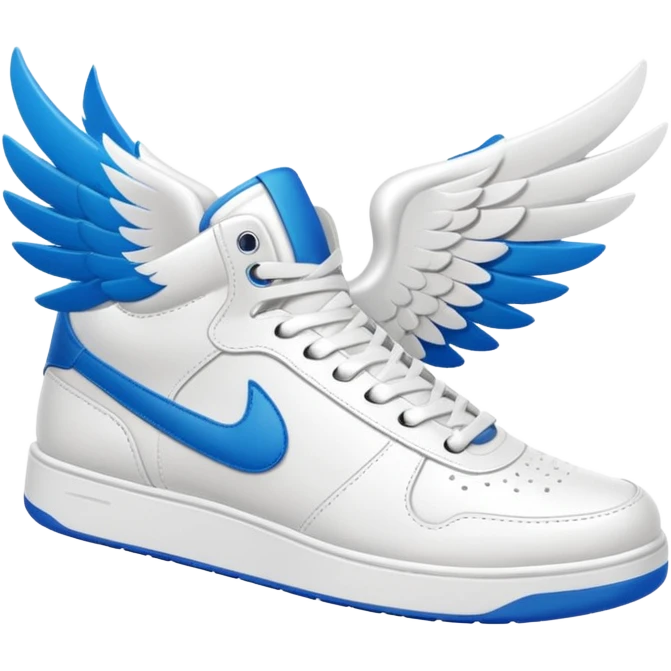 minimalist white winged sneakers, mid air as if they are flying emoji