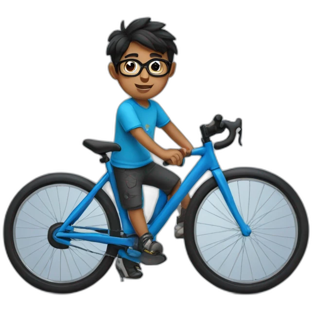 Indian boy in blue tshirt and black specs and cycle emoji