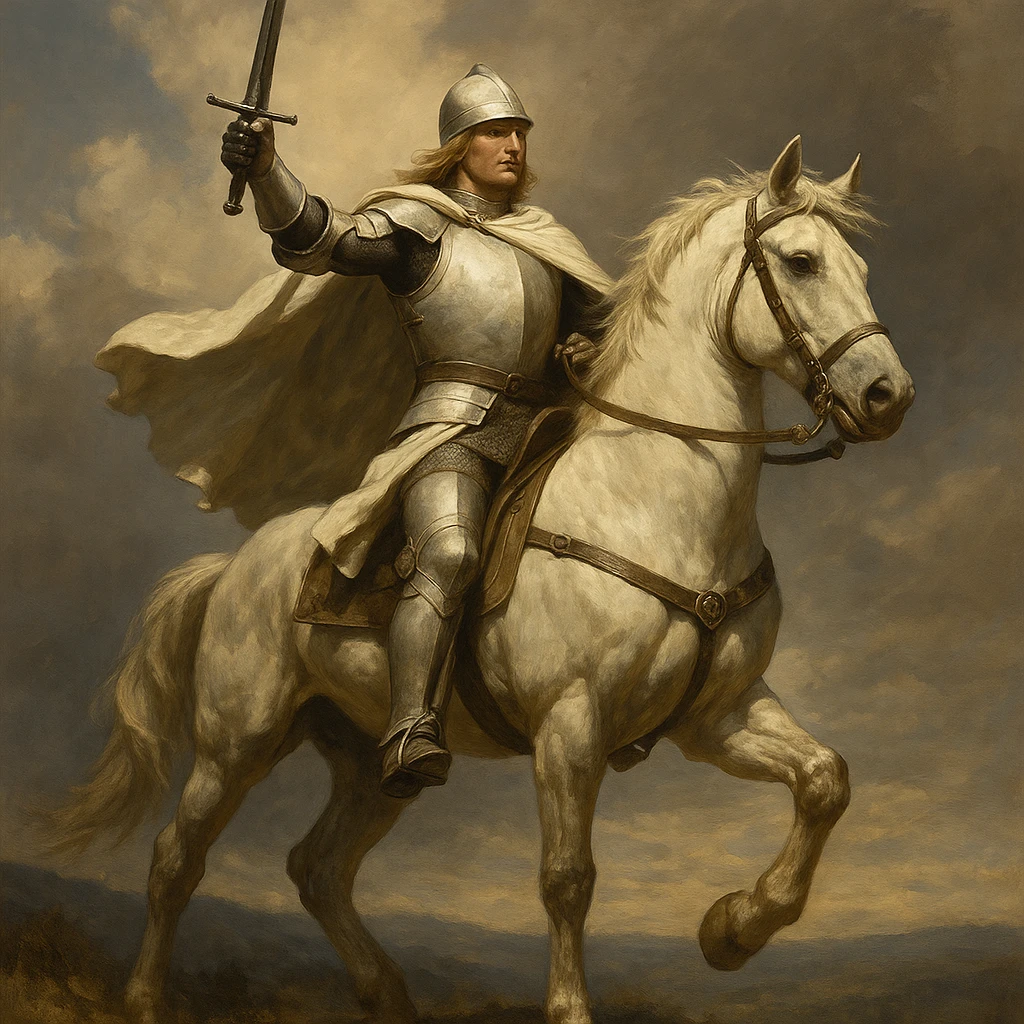 white warrior riding a horse, heroic stance emoji