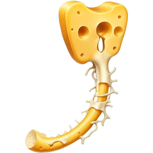 Shredded cheese emitting ethereal golden glow toward a femur bone that shows a healing process with bright golden spots. A luminous K2 vitamin symbol floats nearby, directing the healing energy from the cheese to the specific healing points on the bone. emoji